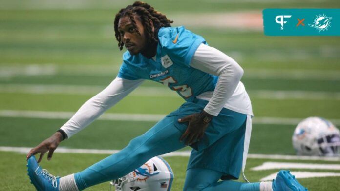 Miami Dolphins CB Jalen Ramsey (3) stretches before practice.