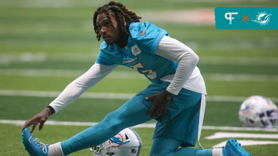 Miami Dolphins CB Jalen Ramsey (3) stretches before practice.
