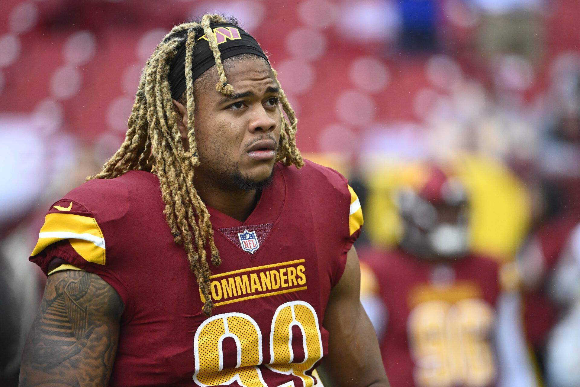 Washington Commanders defensive end Chase Young (99) on the field before the game against the Buffalo Bills.