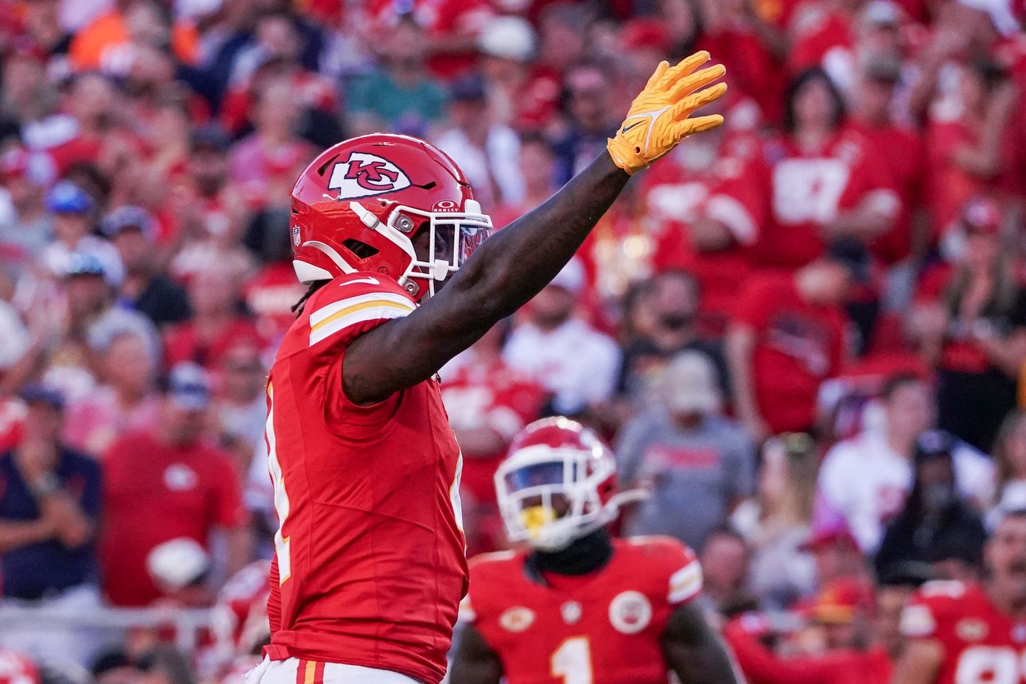 Kansas City Chiefs WR Rashee Rice celebrates after catch.