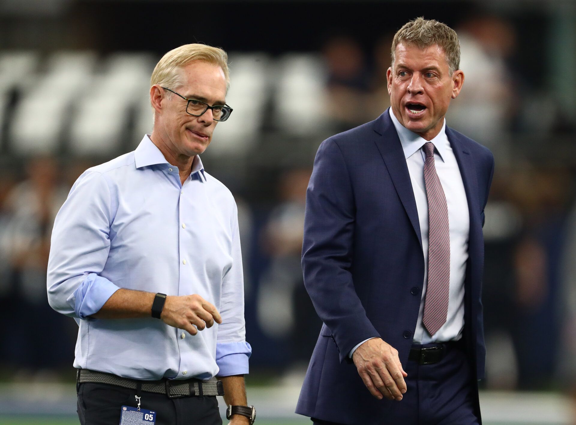 Oct 6, 2019; Arlington, TX, USA; Fox announcers Joe Buck and Troy Aikman on the field prior to the game with the Dallas Cowboys playing against the Green Bay Packers at AT&T Stadium.