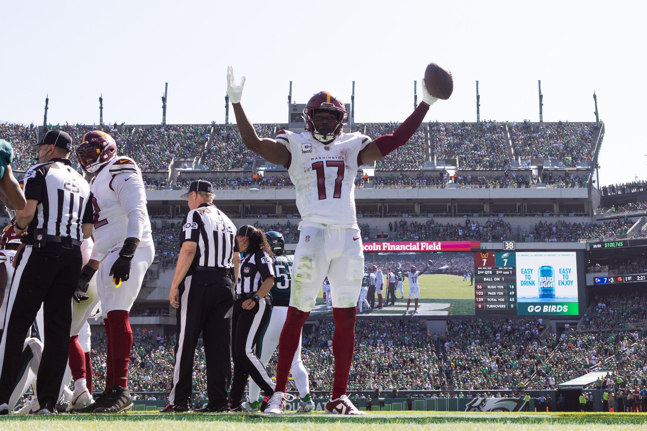 Terry McLaurin (17) reacts to a fumble recovery for a touchdown against the Philadelphia Eagles during the second quarter at Lincoln Financial Field.