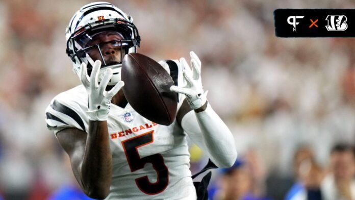 Tee Higgins (5) catches a ball but the play was negated due to offensive pass interference on Higgins in the second quarter during a Week 3 NFL football game between the Los Angeles Rams and the Cincinnati Bengals at Paycor Stadium.