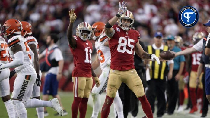 San Francisco 49ers tight end George Kittle (85) reacts after picking up a first down against the Cleveland Browns in the second quarter at Levi's Stadium.