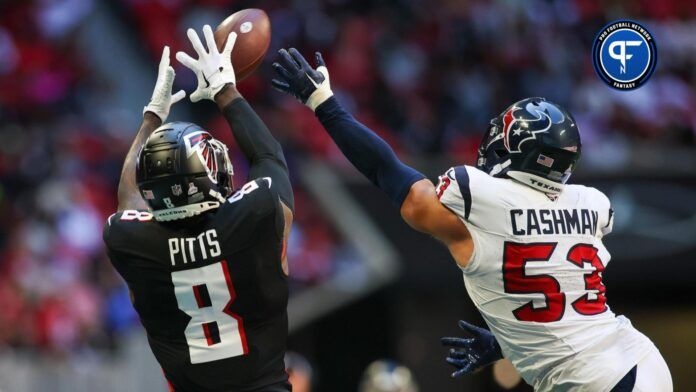 Houston Texans linebacker Blake Cashman (53) defends a pass intended for Atlanta Falcons tight end Kyle Pitts (8) in the second quarter at Mercedes-Benz Stadium.