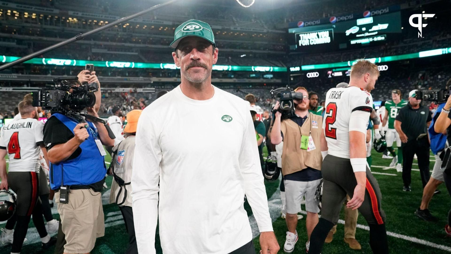 New York Jets quarterback Aaron Rodgers after the game. The Buccaneers defeat the Jets, 13-6, in a preseason NFL game at MetLife Stadium