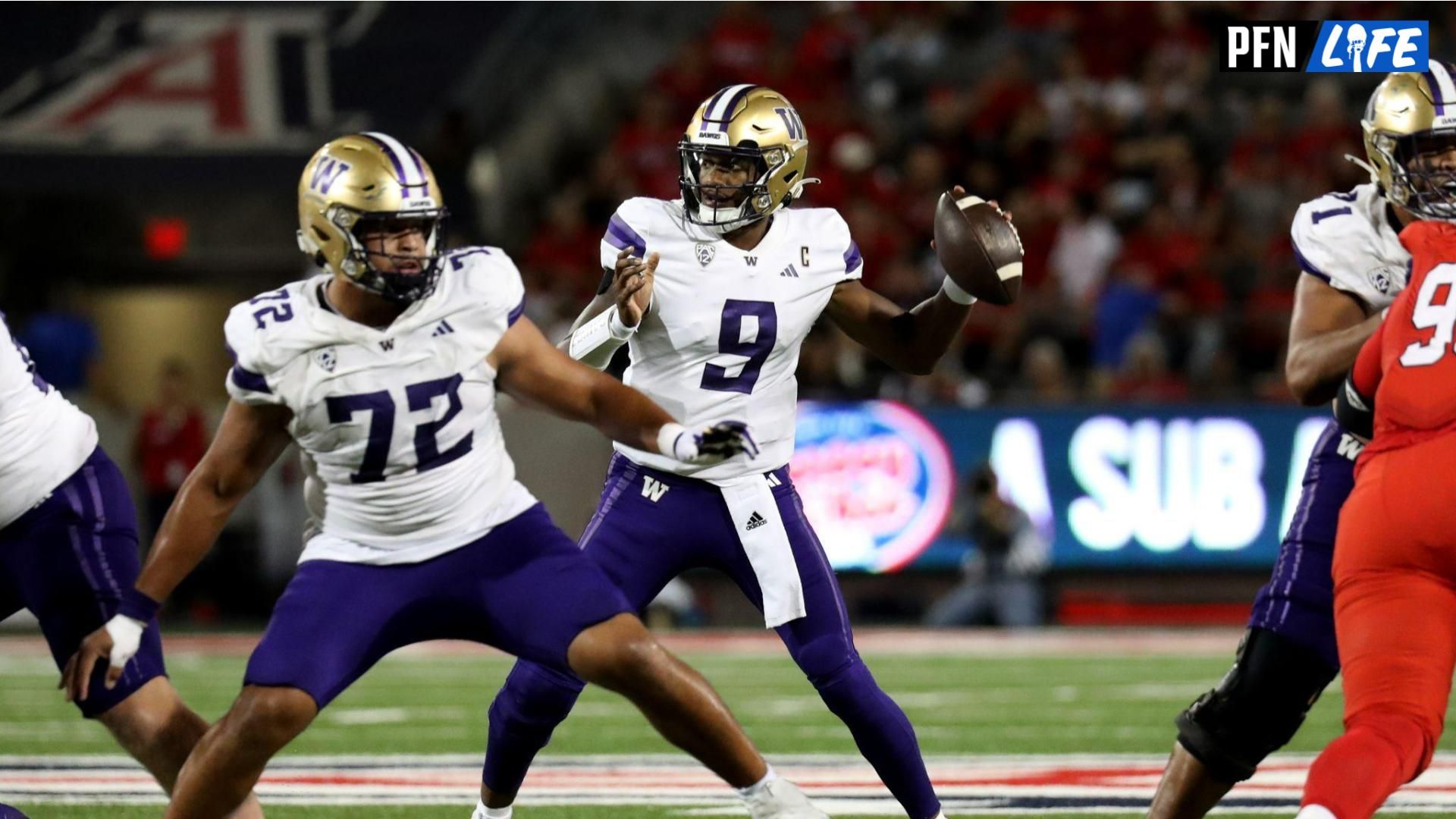 Washington Huskies quarterback Michael Penix Jr. (9) makes a pass in the second half at Arizona Stadium.