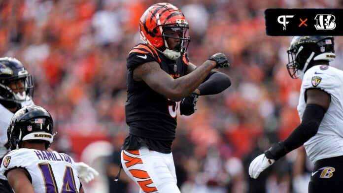 Tee Higgins (5) celebrates a catch in the second quarter of a Week 2 NFL football game between the Baltimore Ravens and the Cincinnati Bengals.