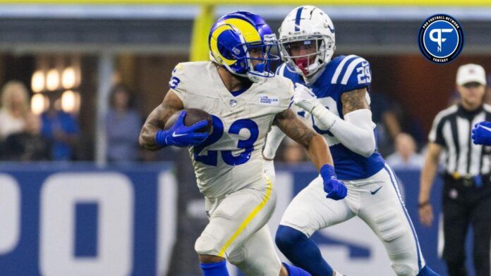 Kyren Williams (23) runs the ball in the second quarter against the Indianapolis Colts at Lucas Oil Stadium.