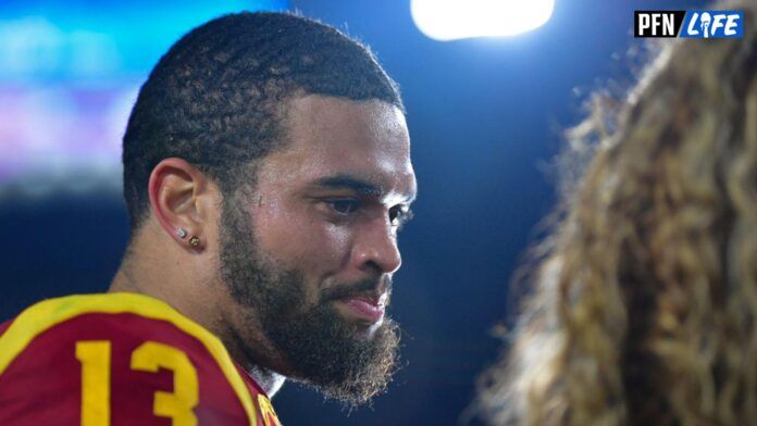 Southern California Trojans quarterback Caleb Williams (13) is interviewed following the victory against the Arizona Wildcats at Los Angeles Memorial Coliseum.