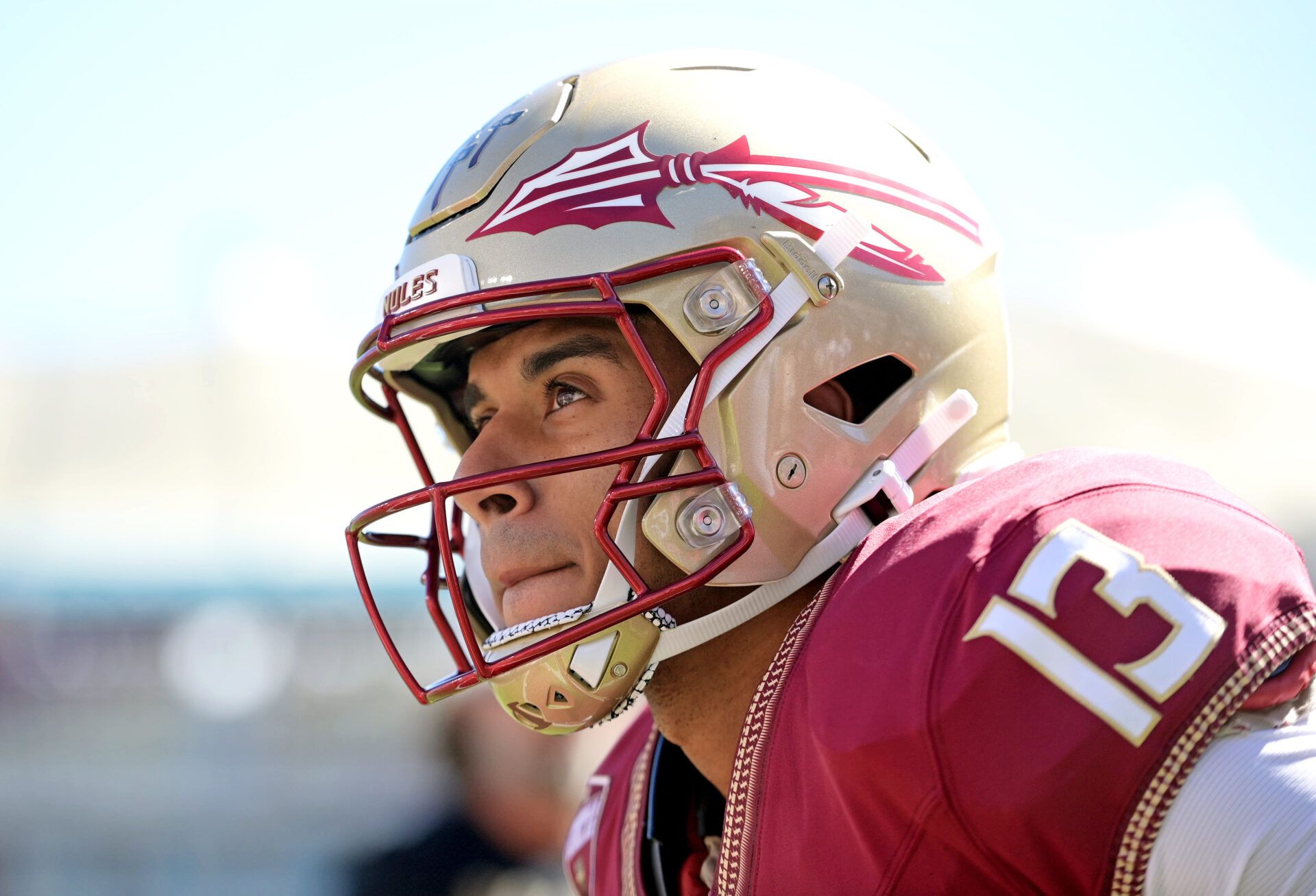 Oct 7, 2023; Tallahassee, Florida, USA; Florida State Seminoles quarterback Jordan Travis (13) warms up before the game against the Virginia Tech Hokies at Doak S. Campbell Stadium. Mandatory Credit: Melina Myers-USA TODAY Sports