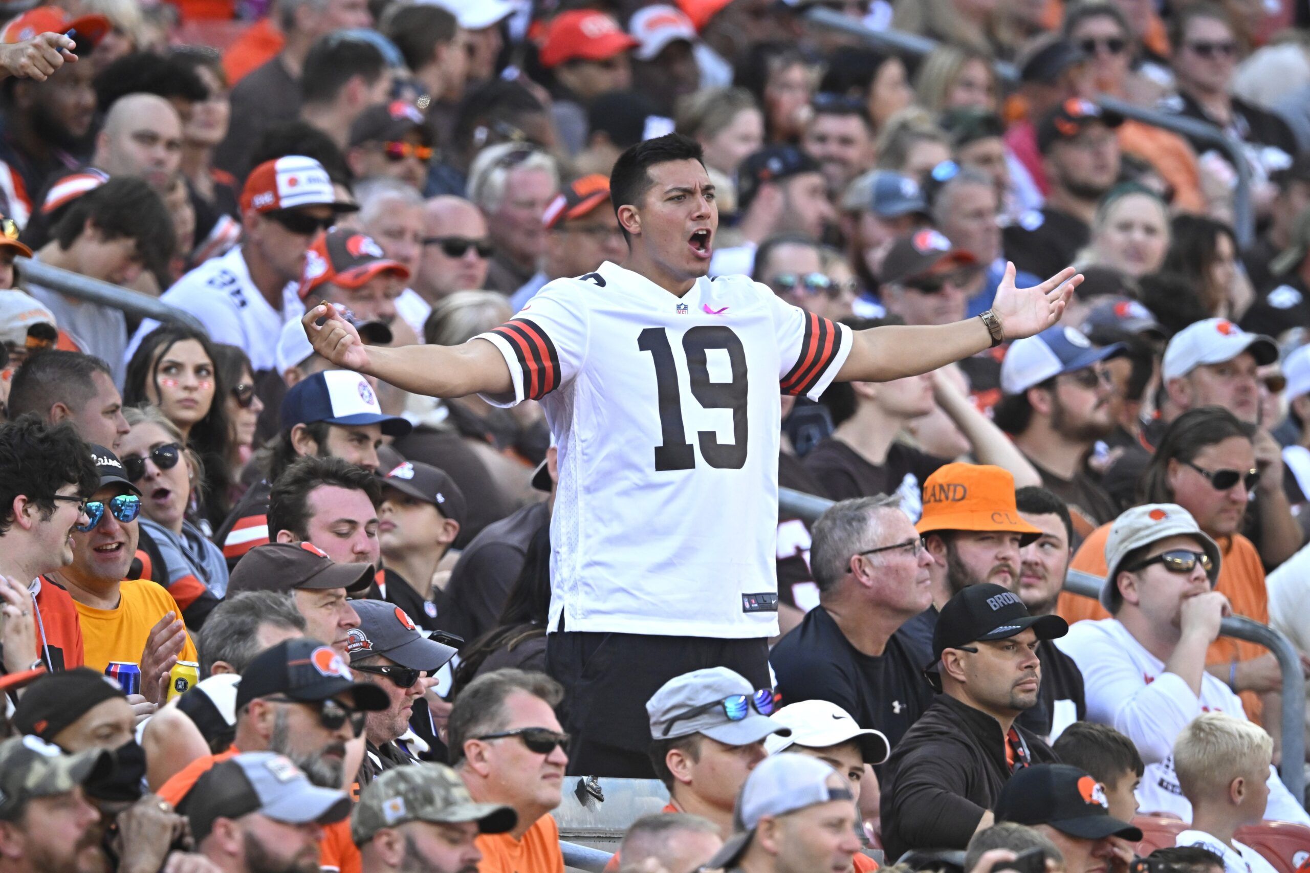 A Cleveland Browns fan reacts in the third quarter against the Baltimore Ravens at Cleveland Browns Stadium.