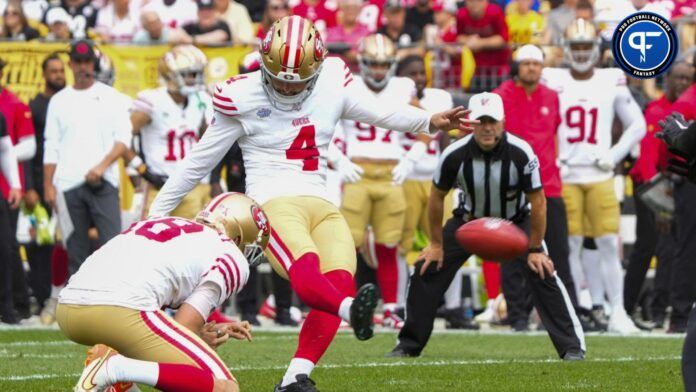 Jake Moody (4) kicks a field goal against the Pittsburgh Steelers during the first half at Acrisure Stadium.