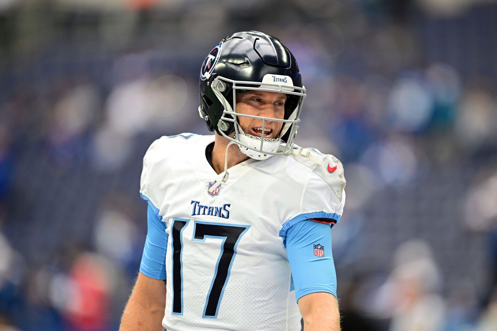 Ryan Tannehill (17) smiles on the field during warm ups before the game against the Indianapolis Colts at Lucas Oil Stadium.