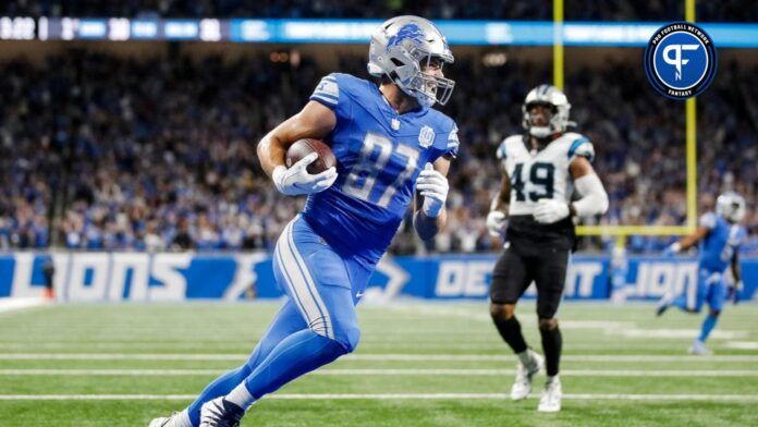 Lions tight end Sam LaPorta makes a catch for a touchdown against the Panthers during the first half on Sunday, Oct. 8, 2023, at Ford Field.