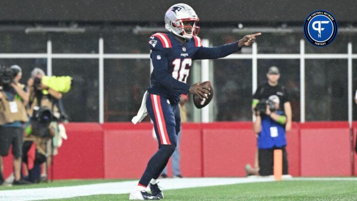 New England Patriots quarterback Malik Cunningham (16) reacts after a touchdown against the Houston Texans during the second half at Gillette Stadium.