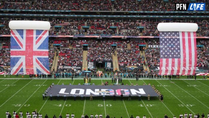 A general overall view of British and United States flags during the playing of the national anthem in an NFL International Series game between the Atlanta Falcons and the Jacksonville Jaguars at Wembley Stadium.