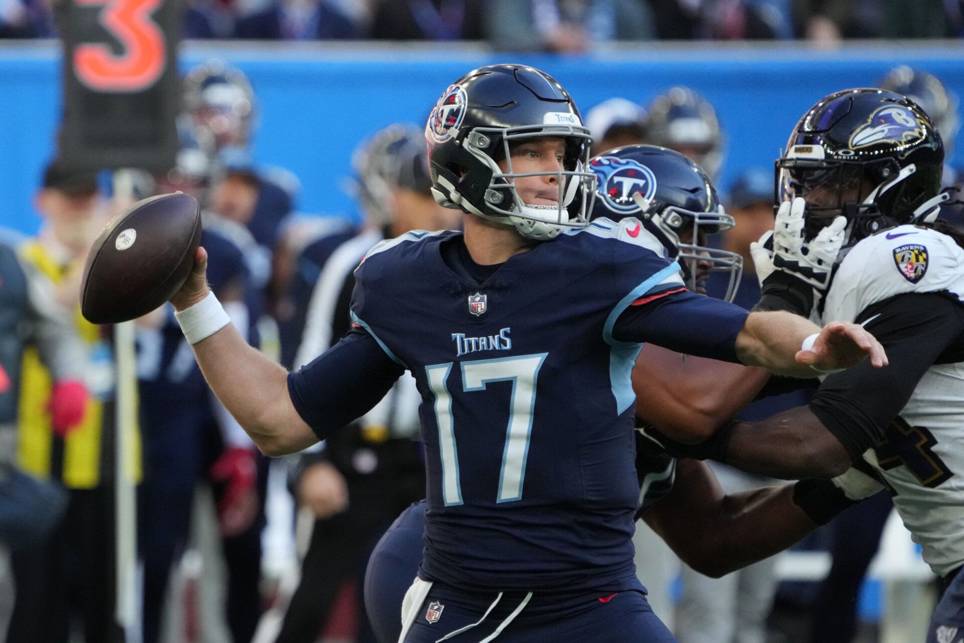 Tennessee Titans QB Ryan Tannehill (17) throws a pass against the Baltimore Ravens.