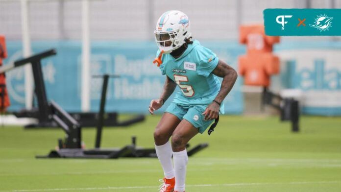 Miami Dolphins cornerback Jalen Ramsey (5) works out during training camp at Baptist Health Training Facility.