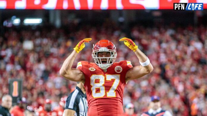 Kansas City Chiefs TE Travis Kelce (87) reacts after a play against the Denver Broncos.