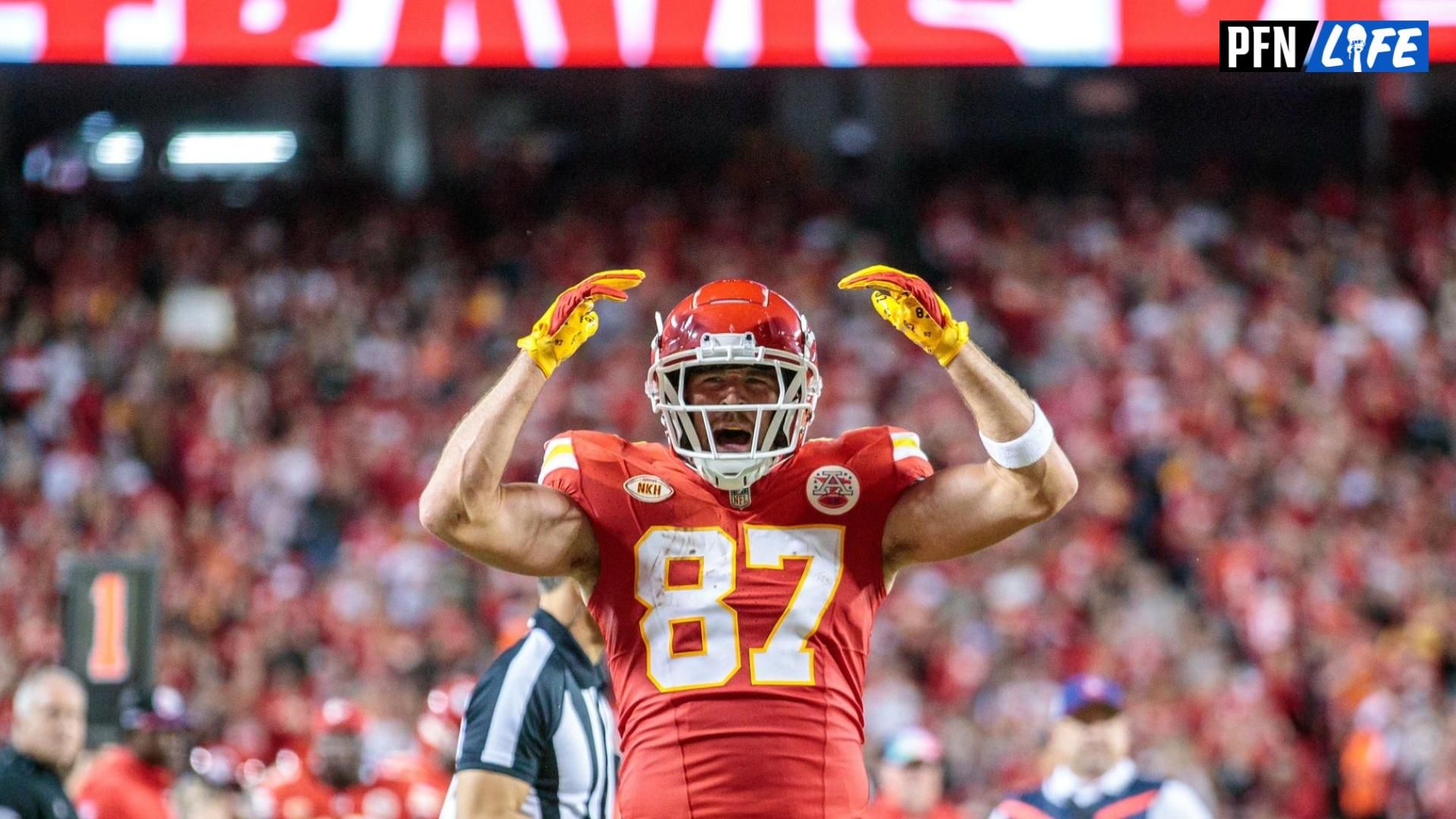 Kansas City Chiefs TE Travis Kelce (87) reacts after a play against the Denver Broncos.