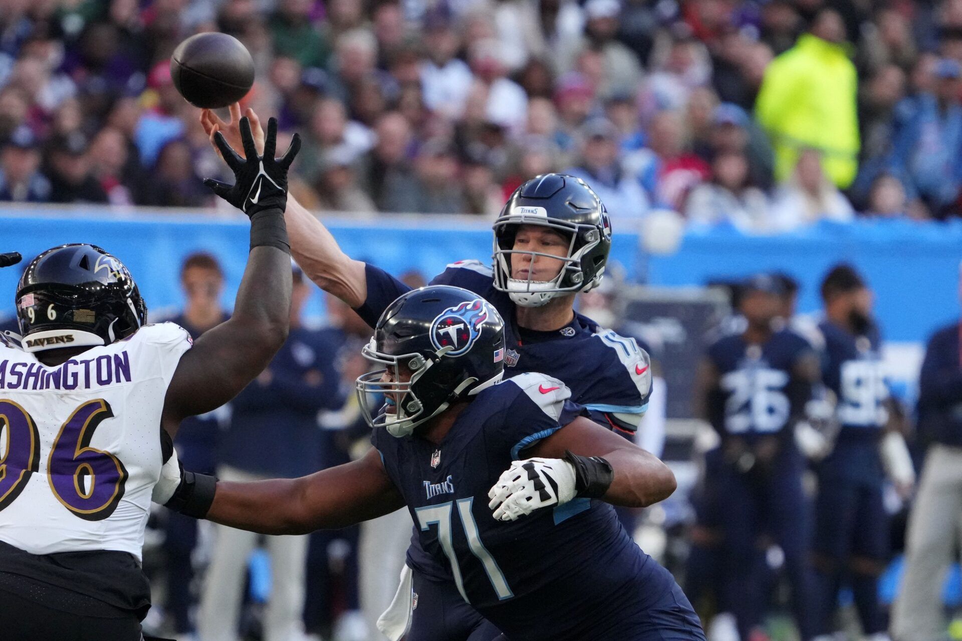 Tennessee Titans quarterback Ryan Tannehill (17) throws the ball against the Baltimore Ravens in the first half during an NFL International Series game at Tottenham Hotspur Stadium.