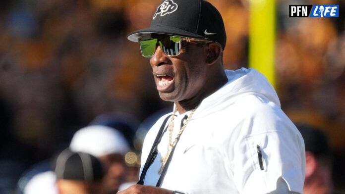 Colorado Buffaloes head coach Deion Sanders yells out from the sidelines as his team takes on the ASU Sun Devils at Mountain America Stadium.