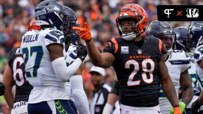 Cincinnati Bengals running back Joe Mixon (28) celebrates a first down run in the second quarter of the NFL Week 6 game between the Cincinnati Bengals and the Seattle Seahawks at Paycor Stadium in downtown Cincinnati on Sunday, Oct. 15, 2023.