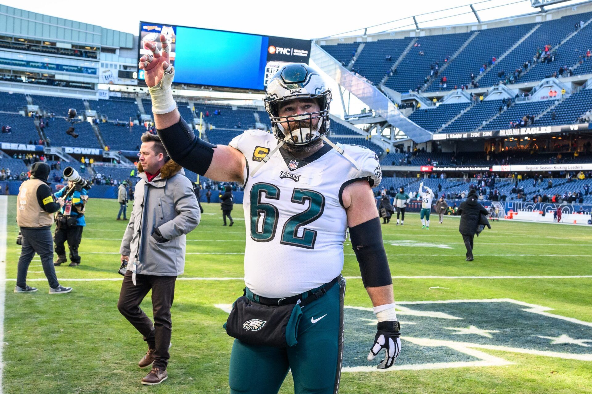 Philadelphia Eagles center Jason Kelce (62) walks off the field after the game against the Chicago Bears at Soldier Field.