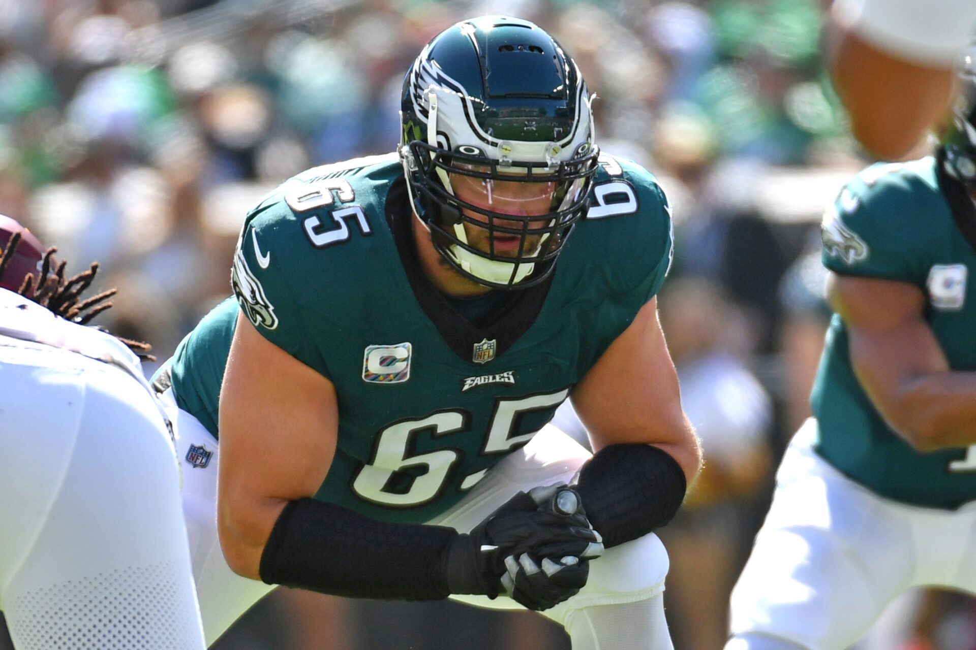 Lane Johnson (65) against the Washington Commanders at Lincoln Financial Field.