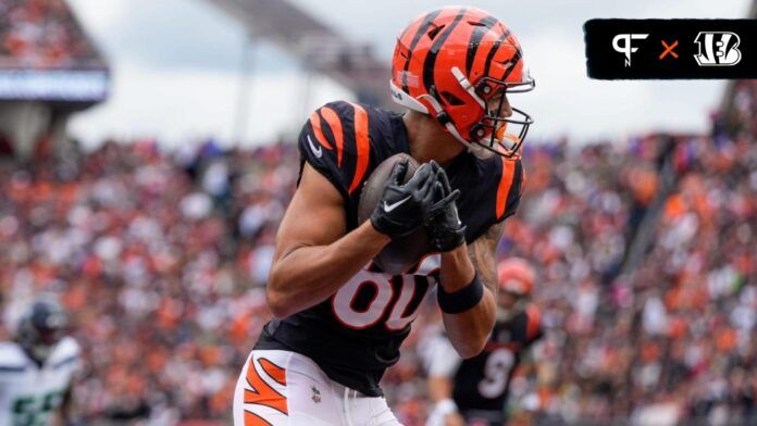 Andrei Iosivas (80) catches a pass in the end zone for a touchdown in the second quarter of the NFL Week 6 game between the Cincinnati Bengals and the Seattle Seahawks at Paycor Stadium.