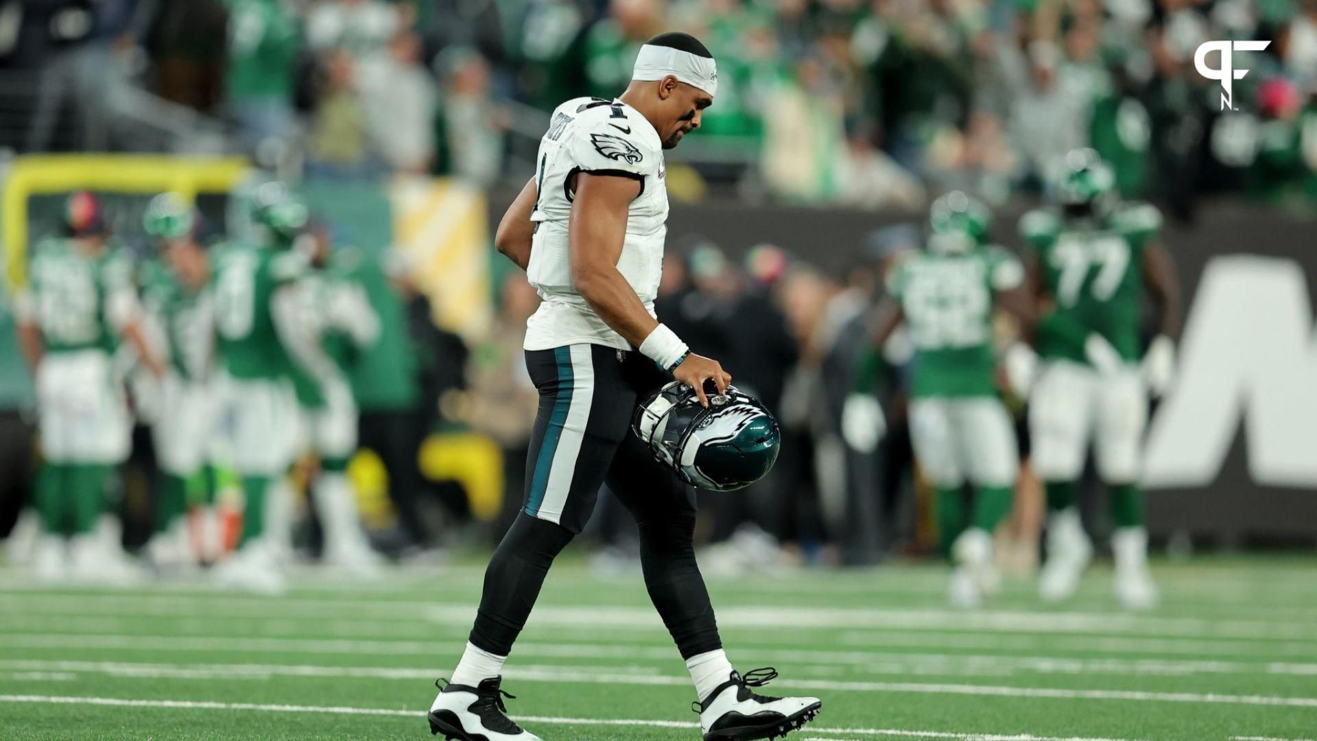 Jalen Hurts (1) reacts as he walks off the field during the fourth quarter against the New York Jets at MetLife Stadium.