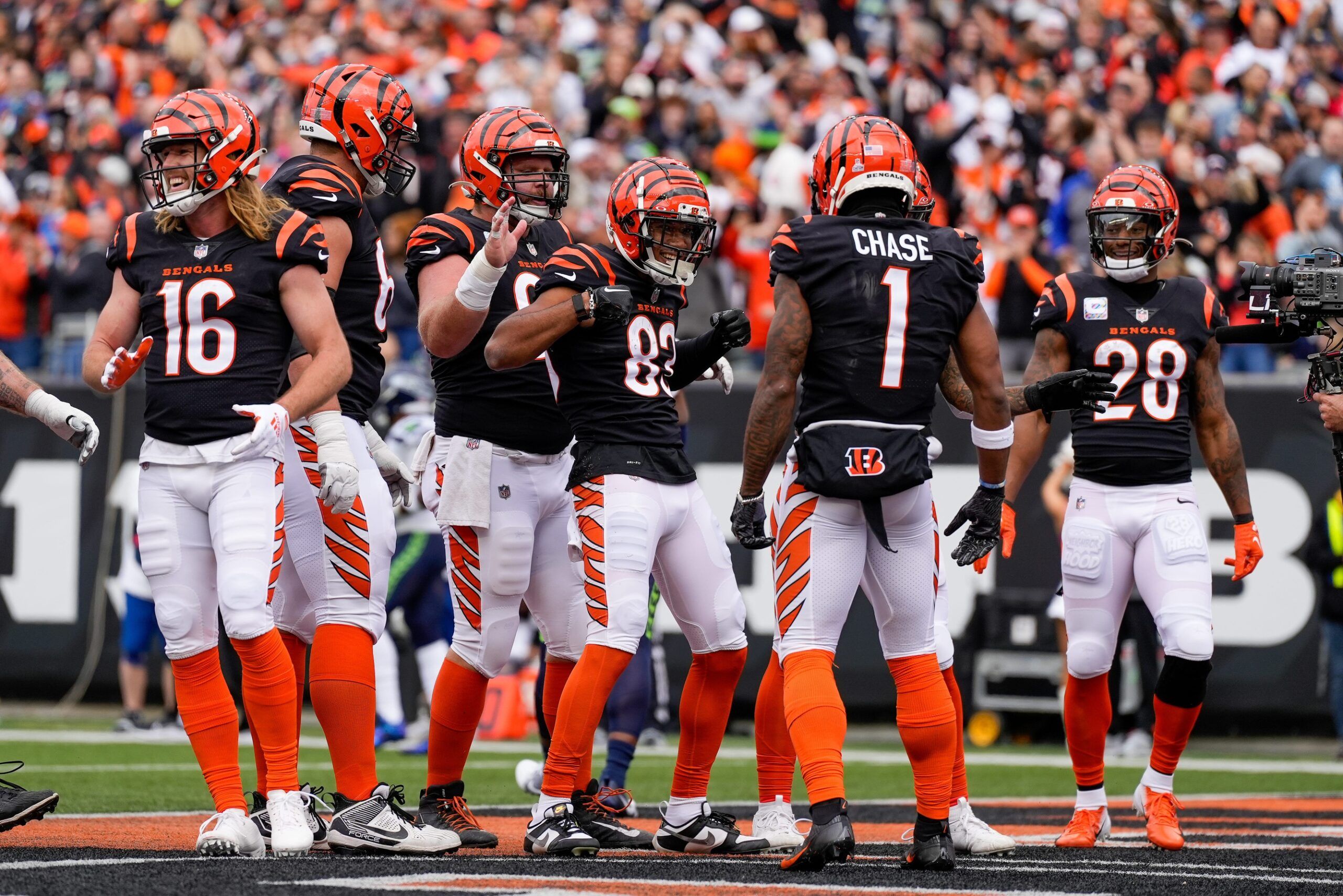 Tyler Boyd (83) celebrates a touchdown in the first quarter of the NFL Week 6 game between the Cincinnati Bengals and the Seattle Seahawks at Paycor Stadium.