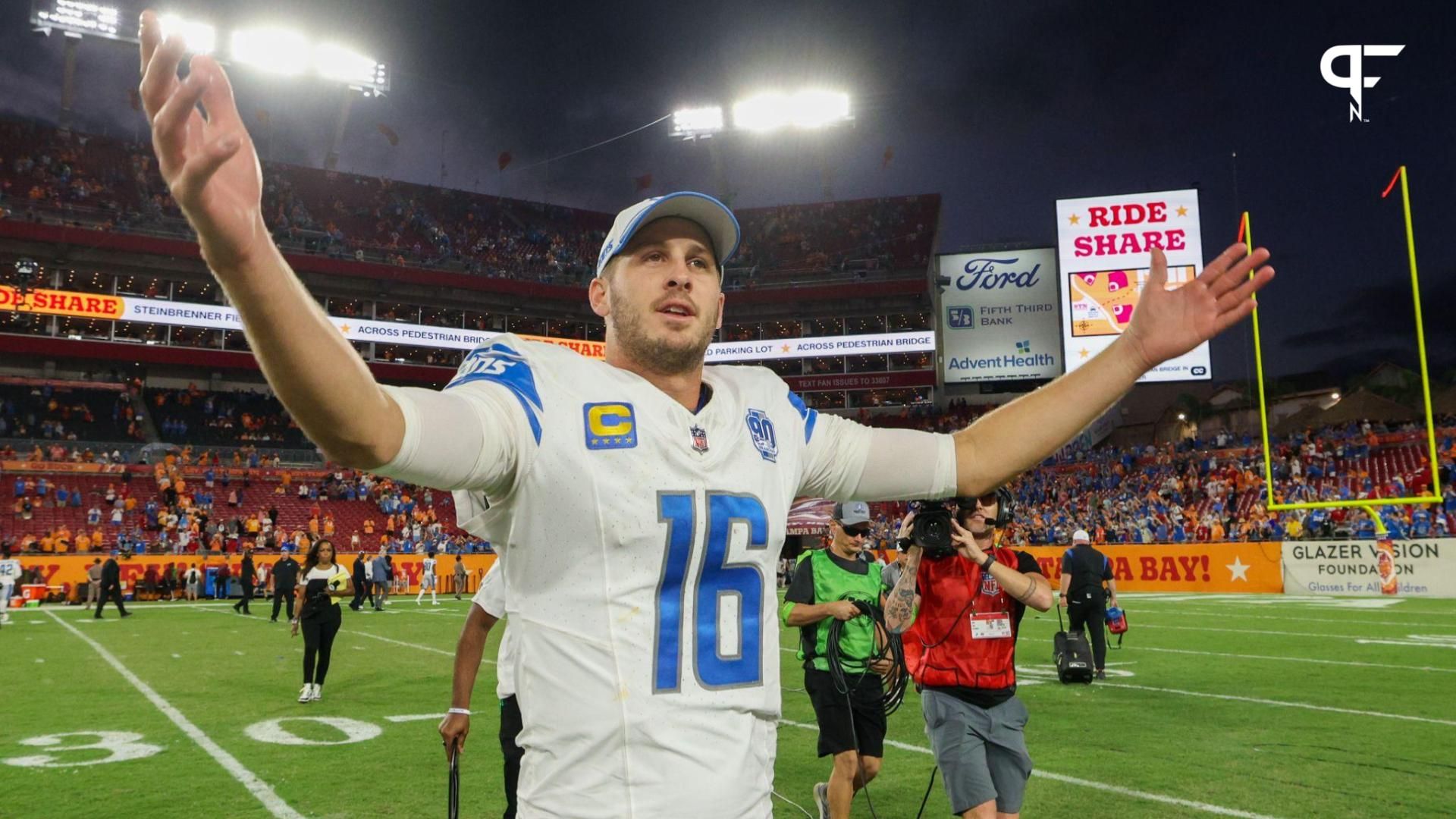 Detroit Lions quarterback Jared Goff (16) celebrates after beating the Tampa Bay Buccaneers at Raymond James Stadium.