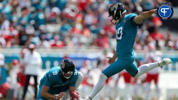 Brandon McManus (10) kicks a field goal held by punter Logan Cooke (9) in the second quarter at EverBank Stadium.