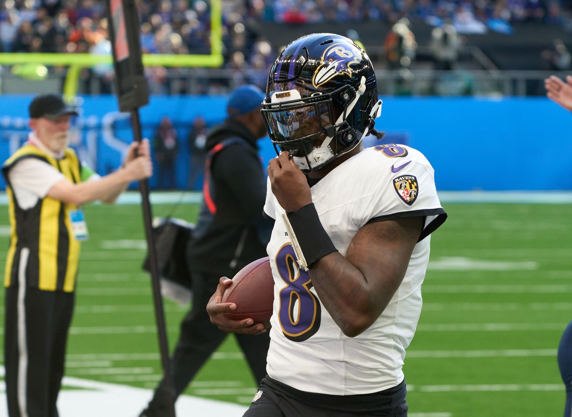 Lamar Jackson (8) out of bounds during the first half of an NFL International Series game at Tottenham Hotspur Stadium.