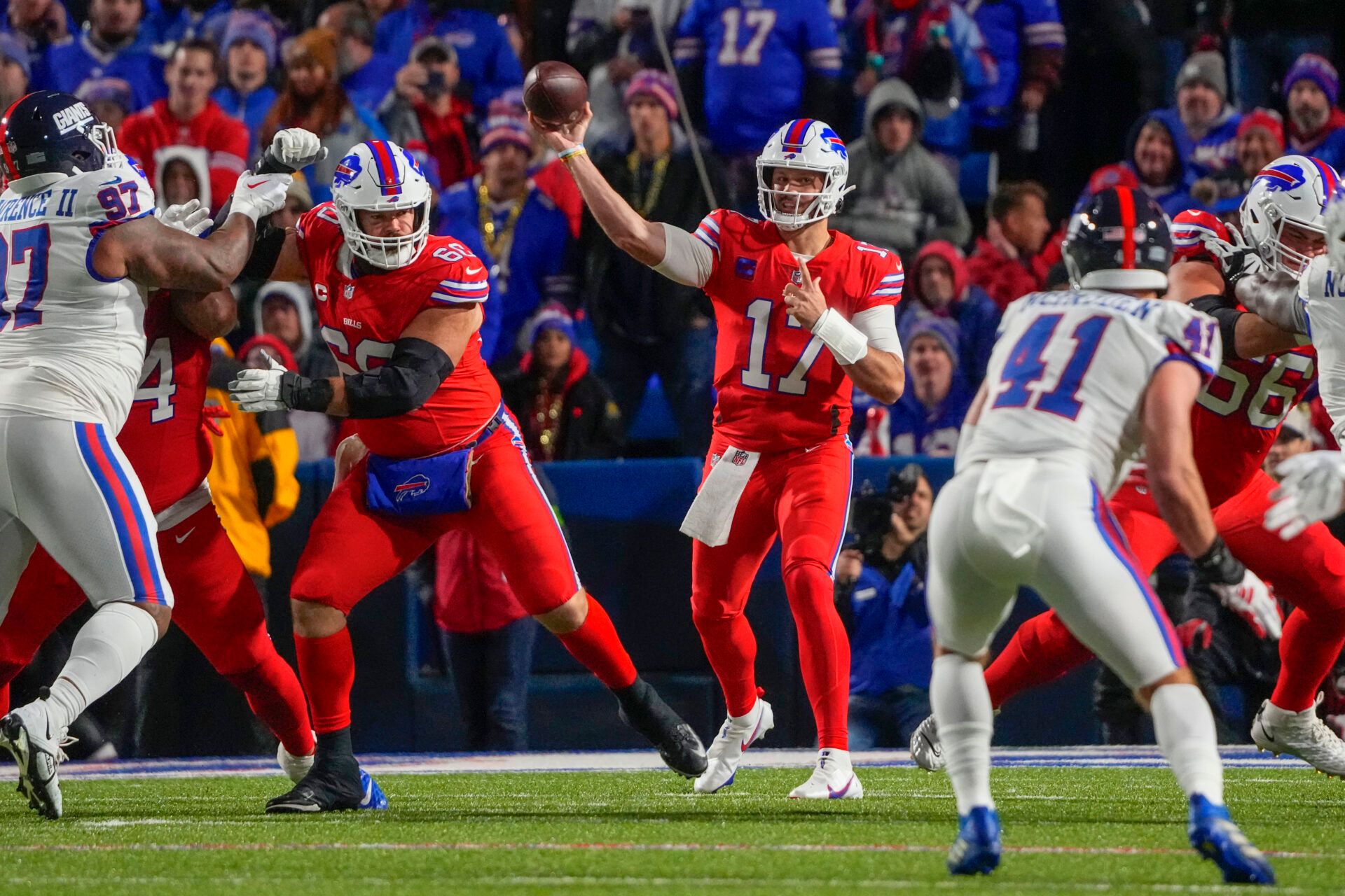 Oct 15, 2023; Orchard Park, New York, USA; Buffalo Bills quarterback Josh Allen (17) throws the ball against the New York Giants during the first half at Highmark Stadium. Mandatory Credit: Gregory Fisher-USA TODAY Sports