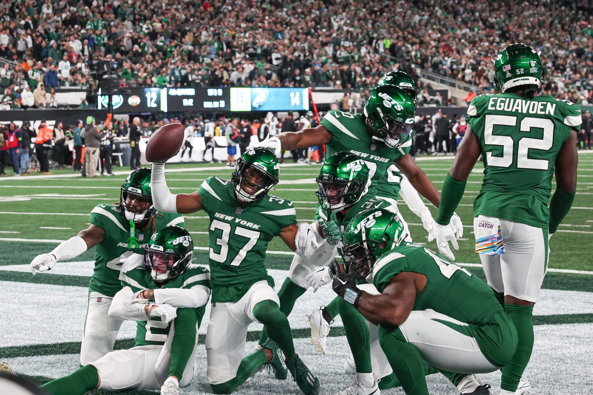 Bryce Hall (37) celebrates with teammates after an interception during the second half against the Philadelphia Eagles at MetLife Stadium.