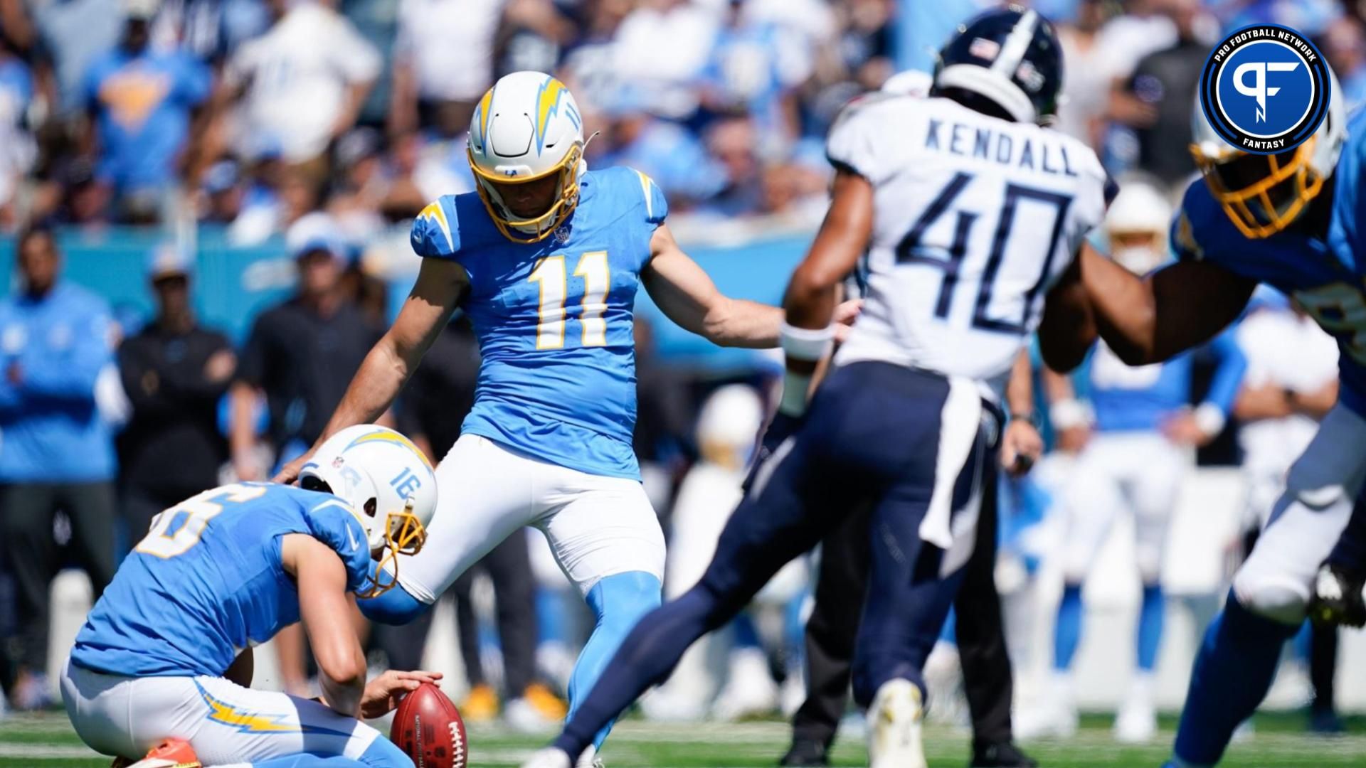 Los Angeles Chargers place kicker Cameron Dicker (11) kicks a field in the second quarter against the Tennessee Titans.