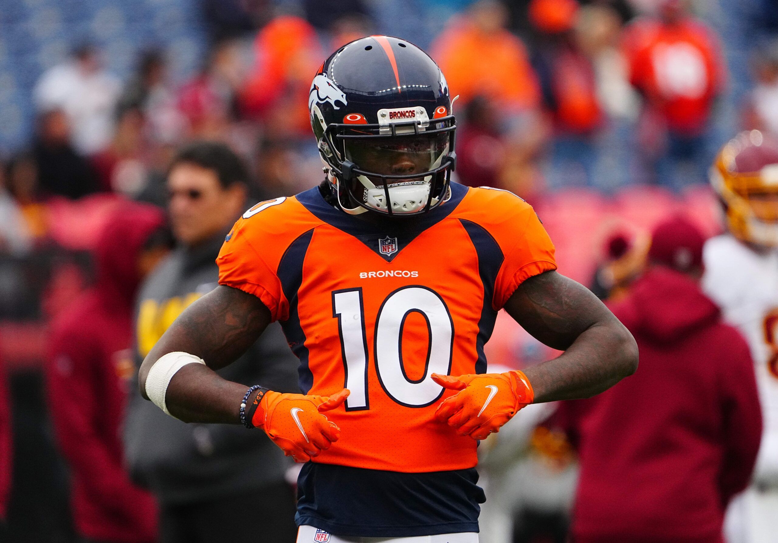 Jerry Jeudy (10) before the game against the Washington Football Team at Empower Field at Mile High.