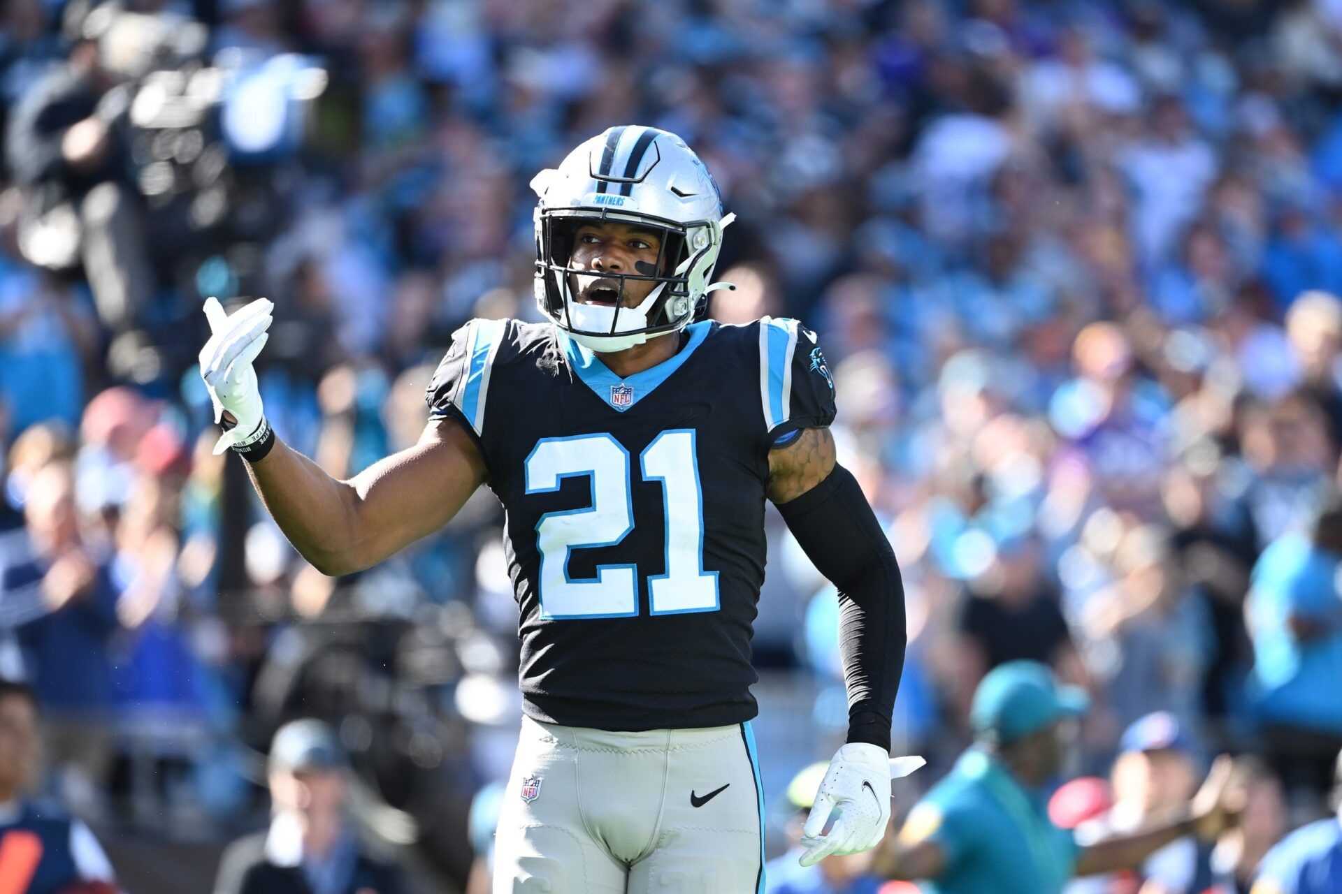 Jeremy Chinn (21) reacts in the third quarter at Bank of America Stadium.