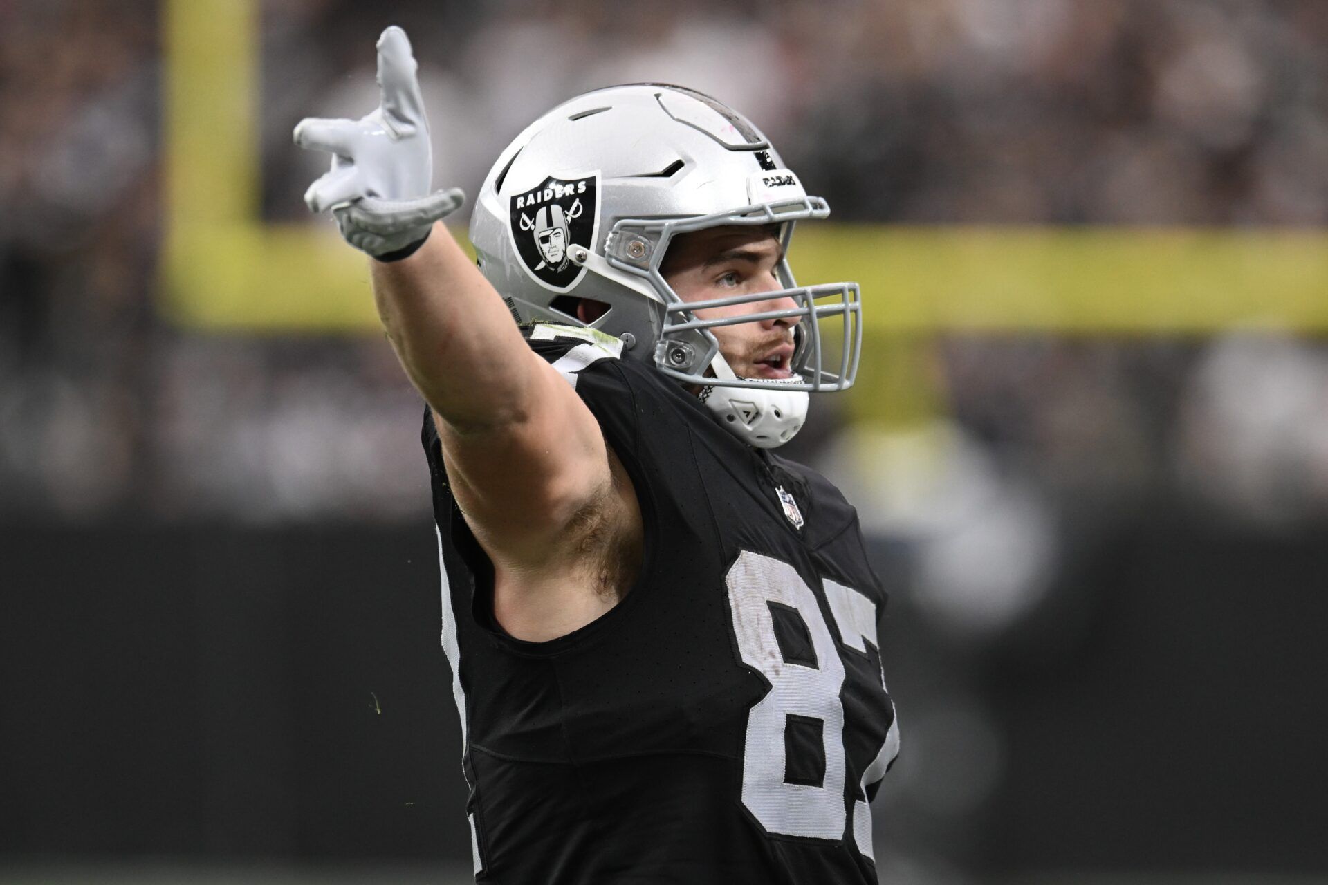 Las Vegas Raiders TE Michael Mayer (87) signals for a first down in celebration.