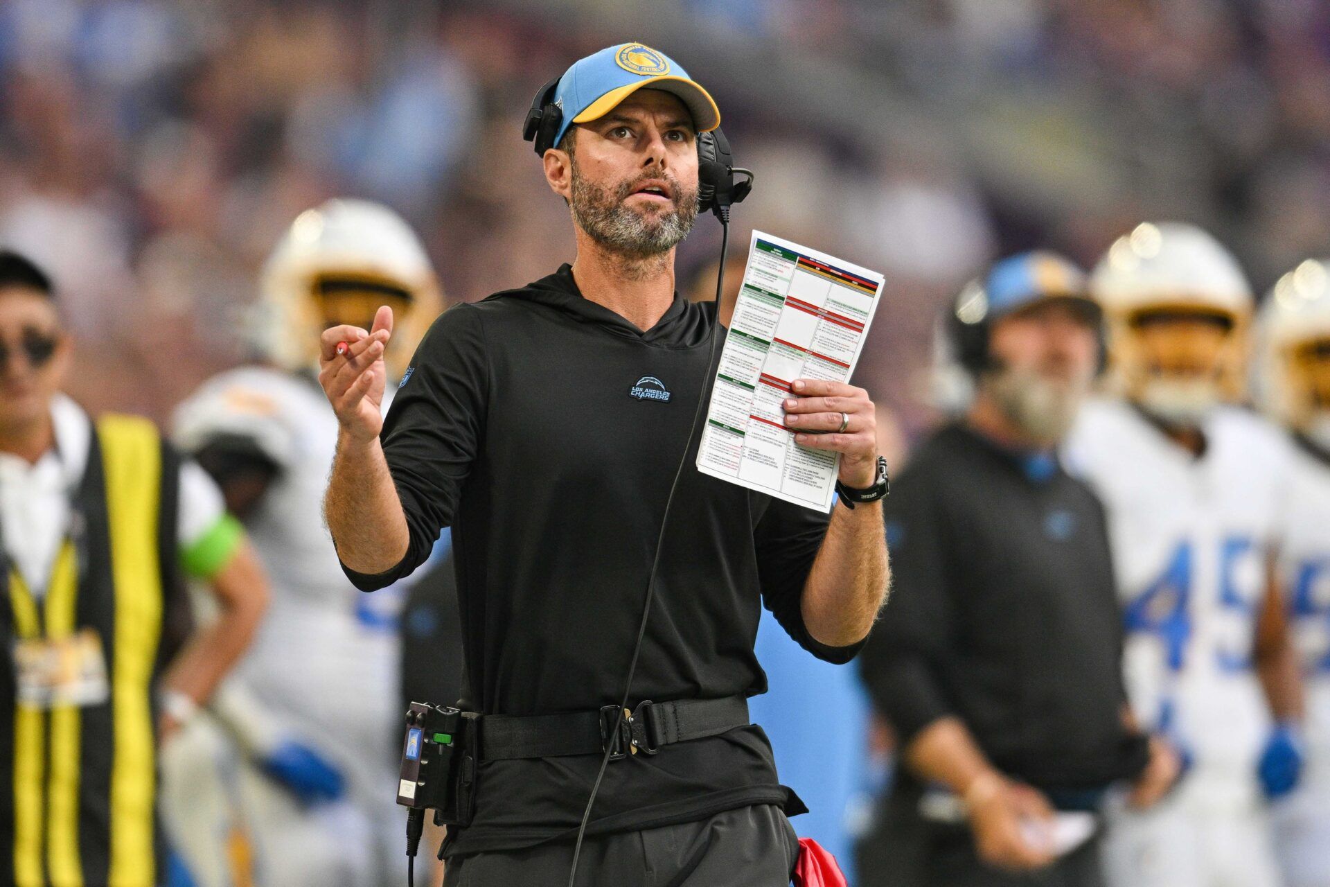 Los Angeles Chargers head coach Brandon Staley on the sidelines during a game.