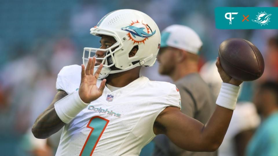 Tua Tagovailoa (1) throws the football during warmups prior to the game against the Carolina Panthers at Hard Rock Stadium.