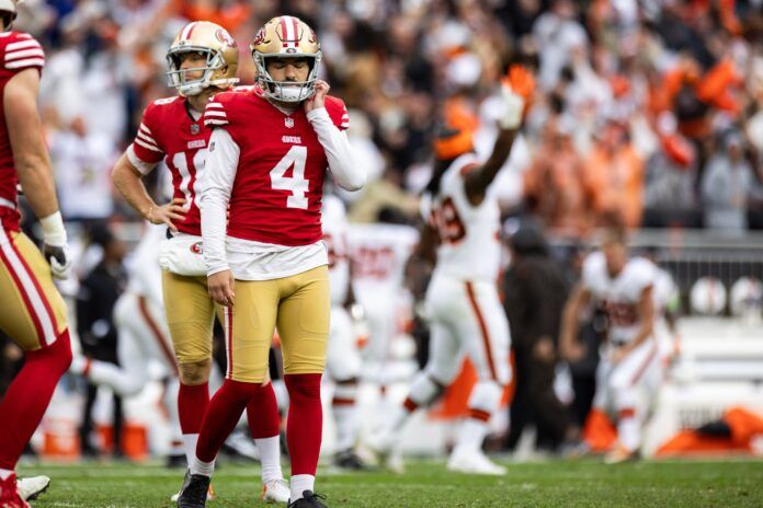 San Francisco 49ers kicker Jake Moody (4) shows disappointment after missing potential game-winning field goal.