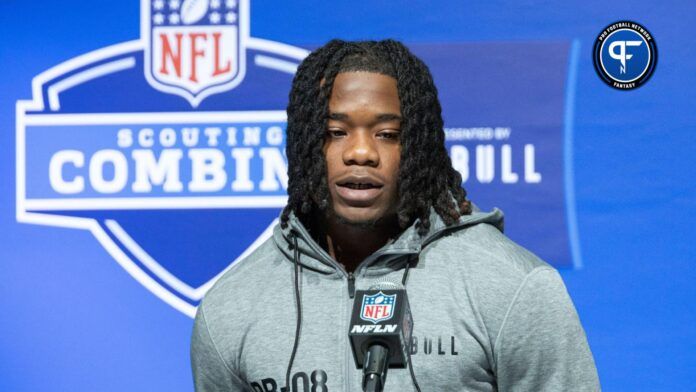 Los Angeles Rams running back Zach Evans talks to the media at the NFL Scouting Combine.