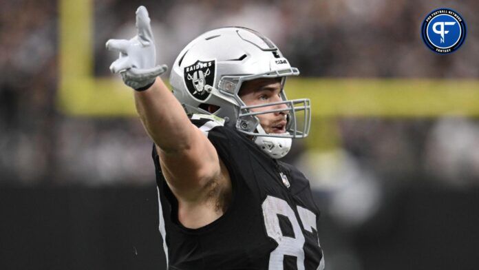 Michael Mayer (87) celebrates a first down against the New England Patriots in the first quarter at Allegiant Stadium.