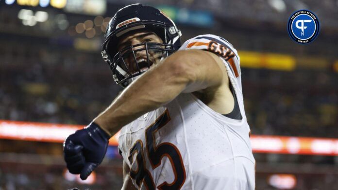 Cole Kmet (85) celebrates after catching a touchdown pass against the Washington Commanders during the second quarter at FedExField.