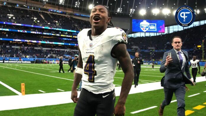 Zay Flowers (4) celebrates after an NFL International Series game against the Tennessee Titans at Tottenham Hotspur Stadium.