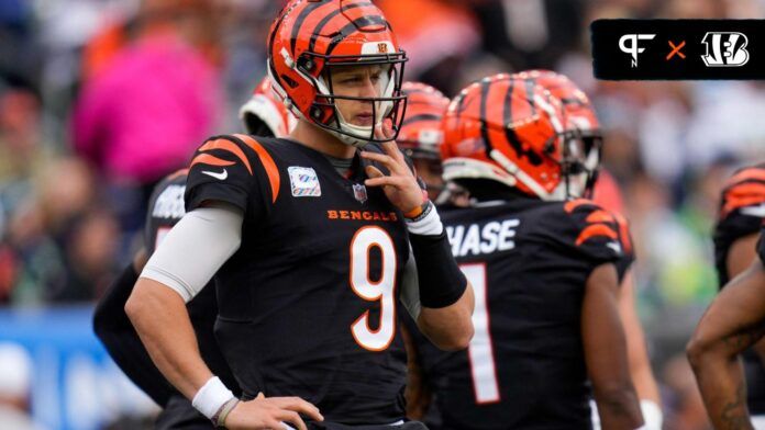 Cincinnati Bengals quarterback Joe Burrow (9) paces during a TV timeout in the first quarter of the NFL Week 6 game between the Cincinnati Bengals and the Seattle Seahawks at Paycor Stadium in downtown Cincinnati on Sunday, Oct. 15, 2023.